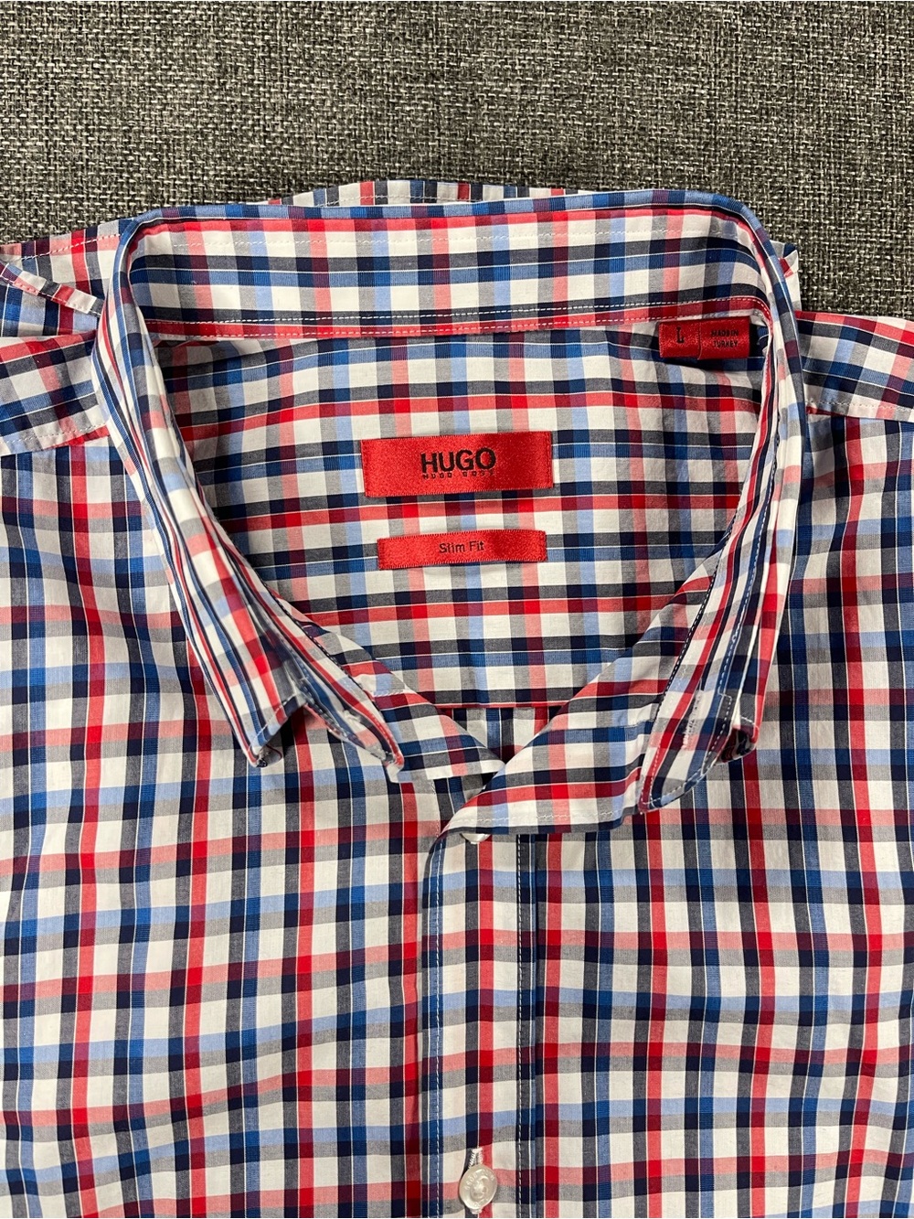 Hugo BOSS Red Blue and White Plaid Dress Shirt Slim Fit Button Down Long Sleeve - Picture 6 of 6
